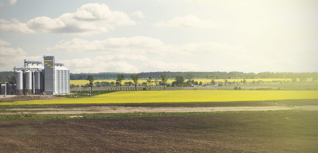 Field and skyline with distant view of oilseed processing facility